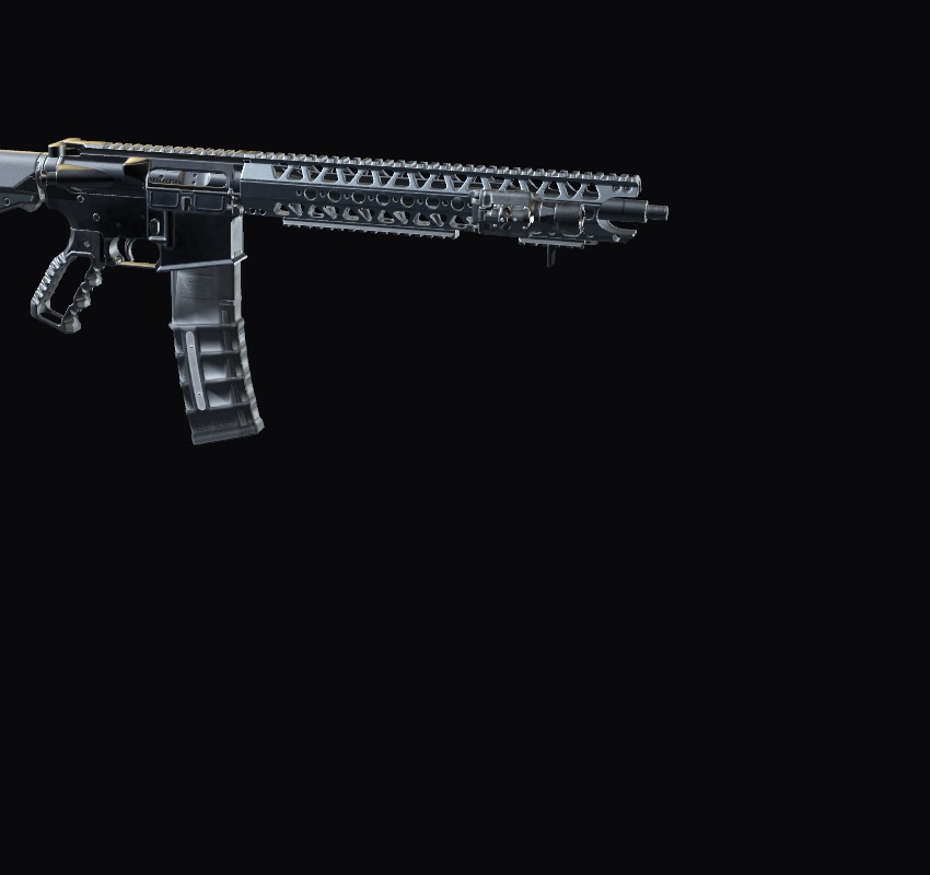 An AR-15 with a free-float rail and a small hand stop mounted near the front of the handguard, rendered in Gear Guy