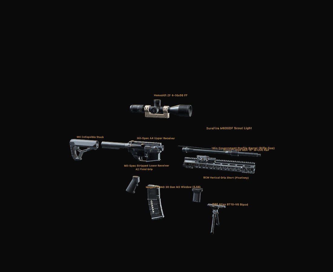 Exploded view of a DMR build with every part labeled and priced