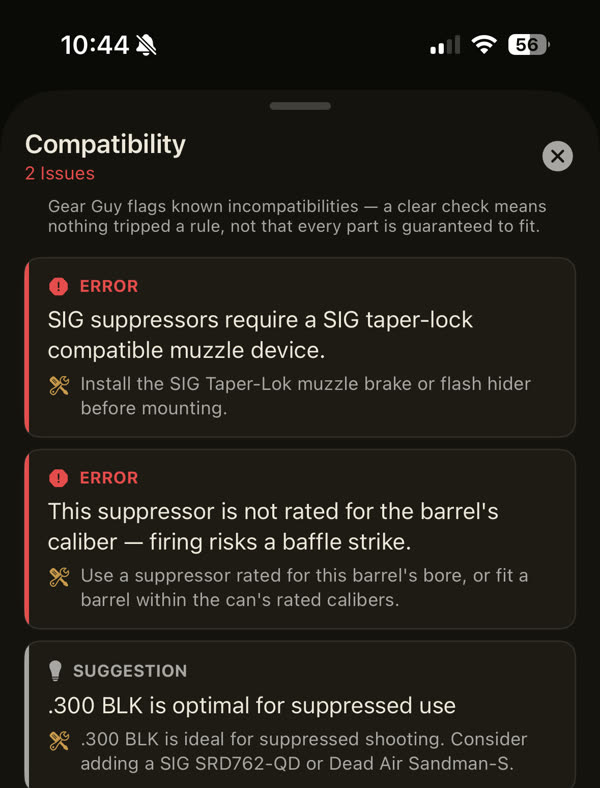 Gear Guy's compatibility sheet on a SIG MCX: two errors — a SIG can needs a Taper-Lok muzzle device, and the can is not rated for the barrel's caliber — plus a .300 BLK suggestion