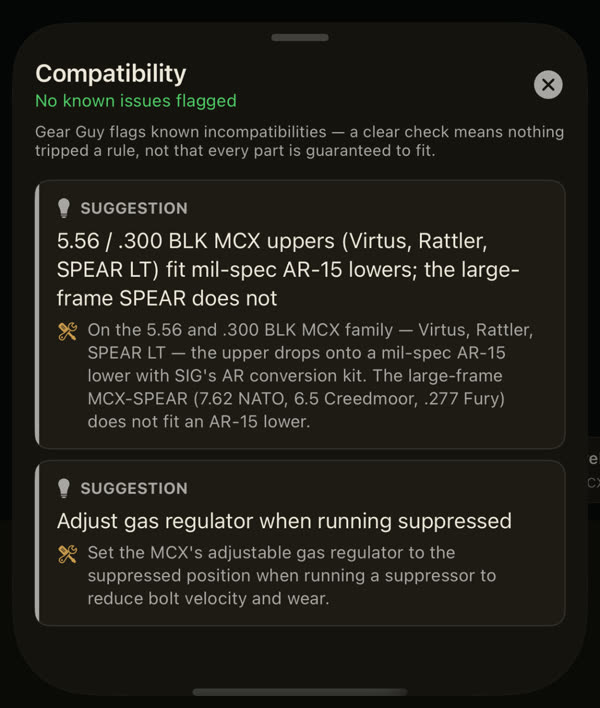 Compatibility sheet on a SIG MCX with no issues flagged and two suggestions: which MCX variants fit a mil-spec AR-15 lower, and setting the gas regulator when suppressed