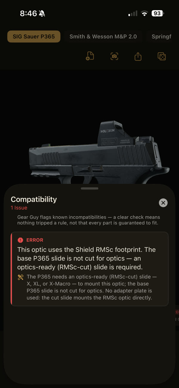 Compatibility sheet on a P365: the Holosun 507K uses the Shield RMSc footprint and the base slide is not cut for optics — an optics-ready slide is required