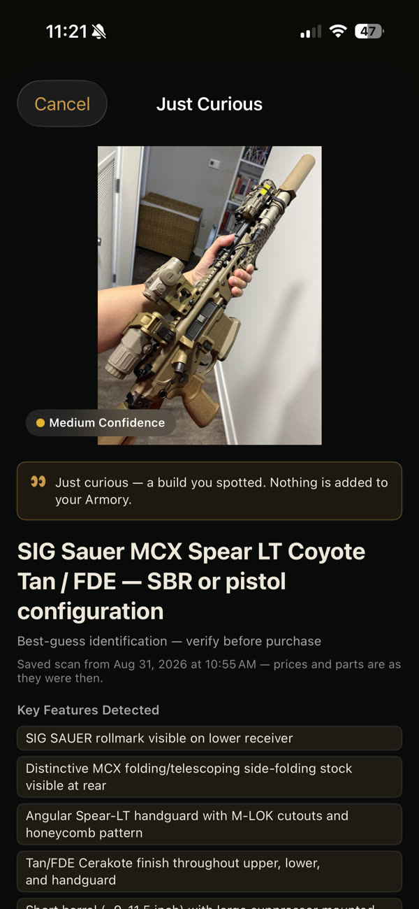 Just Curious result: a hand-held SIG MCX-SPEAR LT in Coyote identified at medium confidence, with the detected features listed