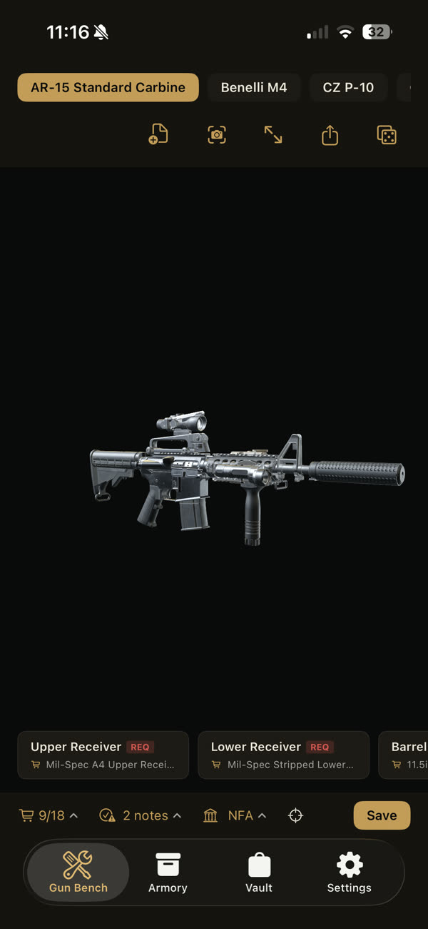 A GWOT Clone roll on the Gear Guy bench: carry-handle ACOG, KAC RAS, vertical grip and a can