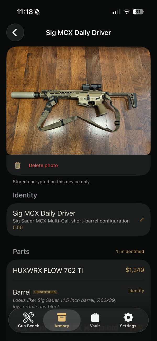 An Armory record: the owner's photo of a SIG MCX on a wood floor, identified as a SIG MCX short-barrel configuration