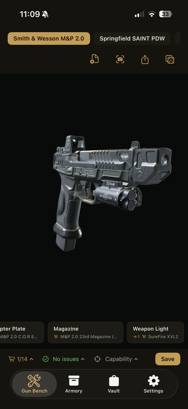 An M&P9 M2.0 in Gear Guy with a Trijicon RMRcc in the slide cut, a SureFire XVL2 on the rail and a compensator on the threaded barrel