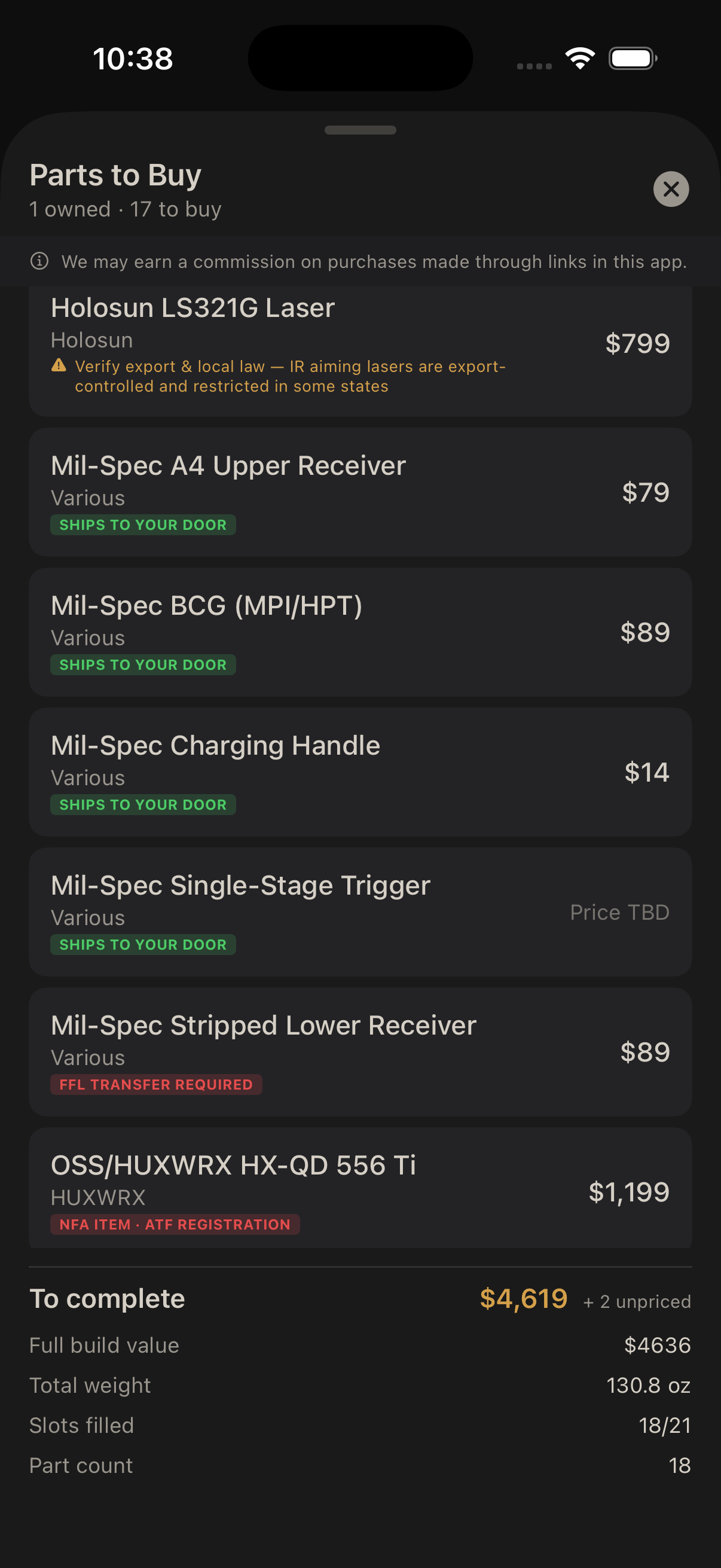 An identified build filed into the armory with priced parts