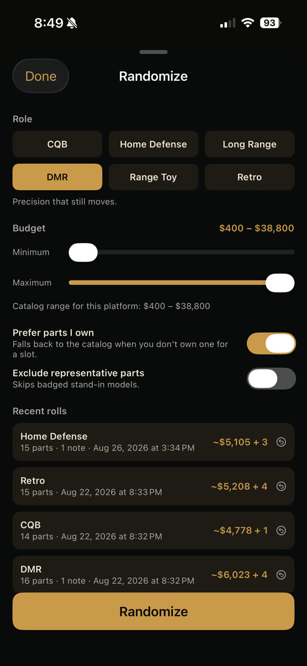 The Randomize sheet: role chips, a budget range, Prefer parts I own switched on, and recent rolls