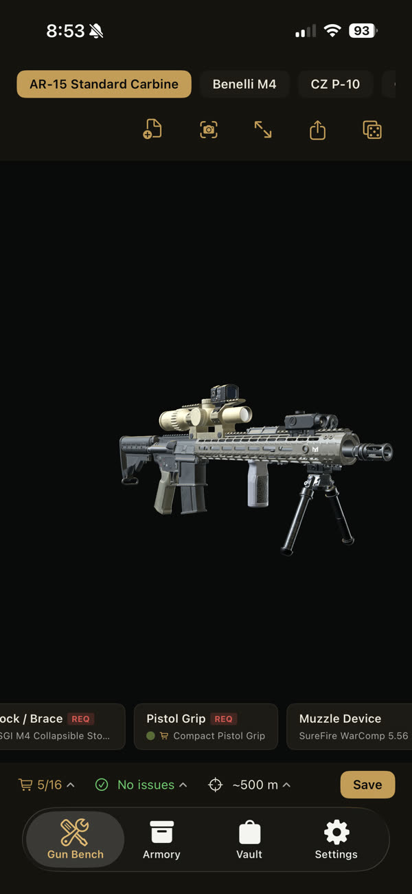 A DMR roll on the bench: LPVO, bipod, suppressor-ready muzzle, five of sixteen parts already owned