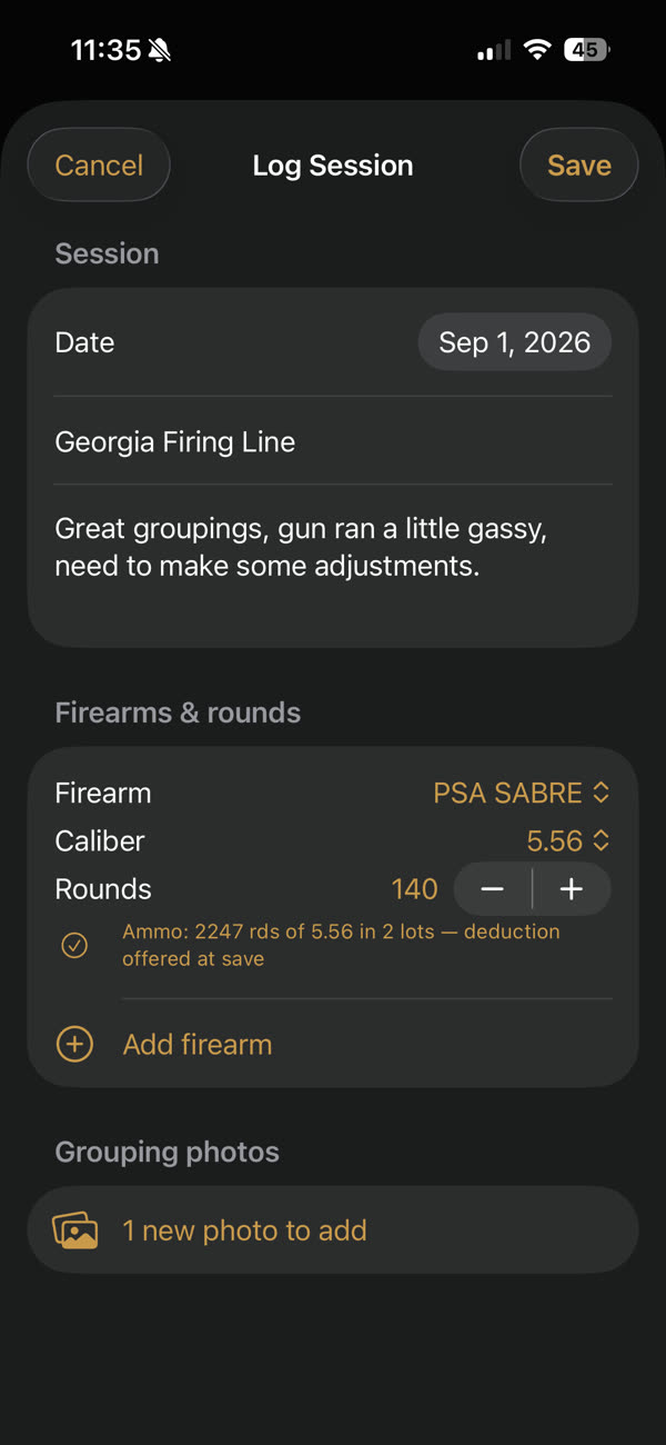 Logging a range session: date, location, notes, a rifle with 140 rounds of 5.56, and a note that 2,247 rounds are on hand in two lots
