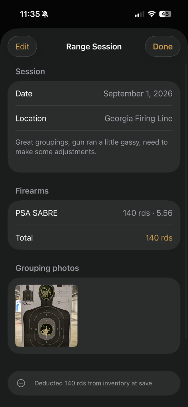 The saved session with a grouping photo and the line: deducted 140 rounds from inventory at save