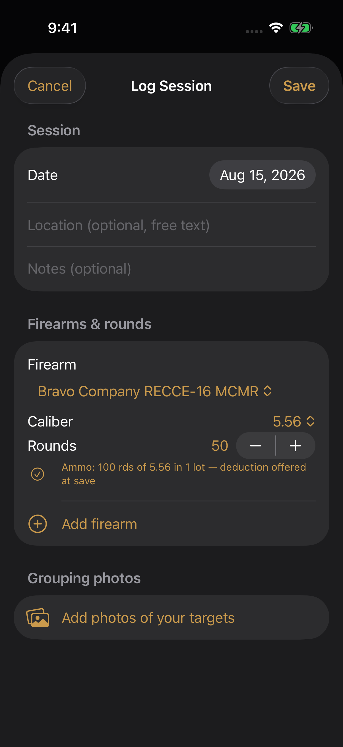 Logging a range session in Gear Guy with an ammo deduction offered at save